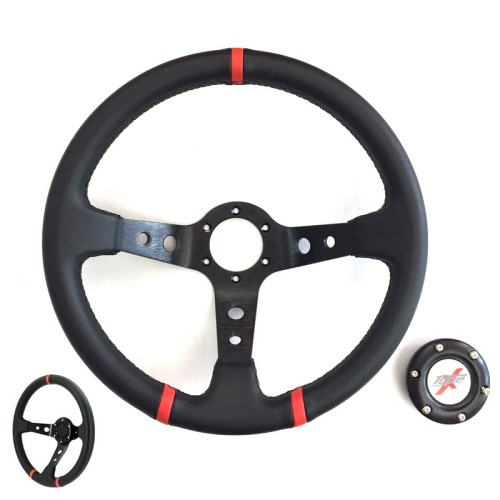 Volante universale TRS Tuning a calice 90mm in similpelle nera e rossa Ø350mm